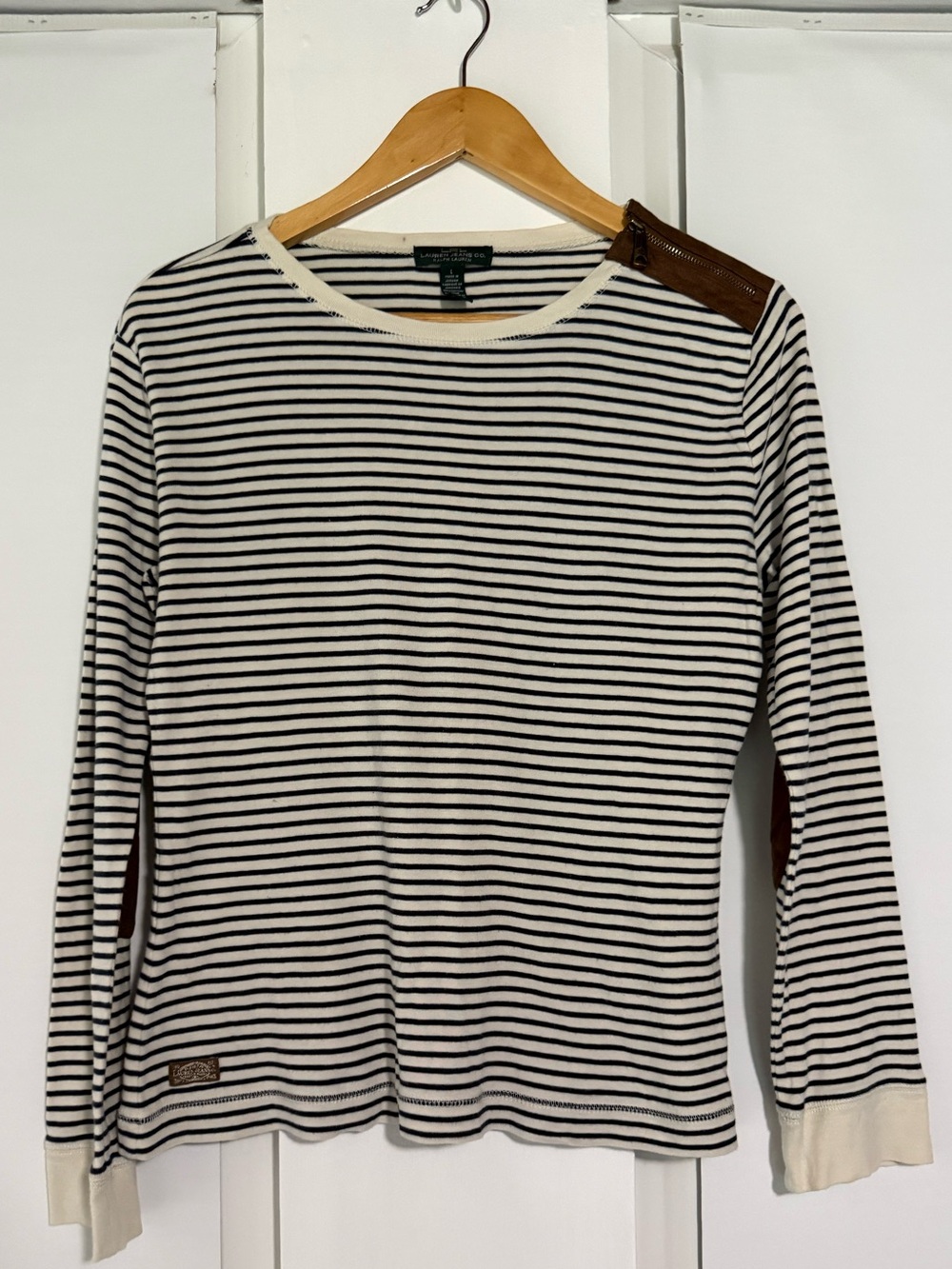 Ralph Lauren Cream and Black Striped Long-Sleeve Top with Leather Shoulder Patch